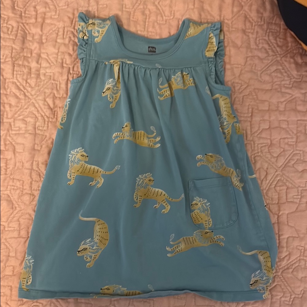 Tea Collection Blue Dress with Yellow Lion Print